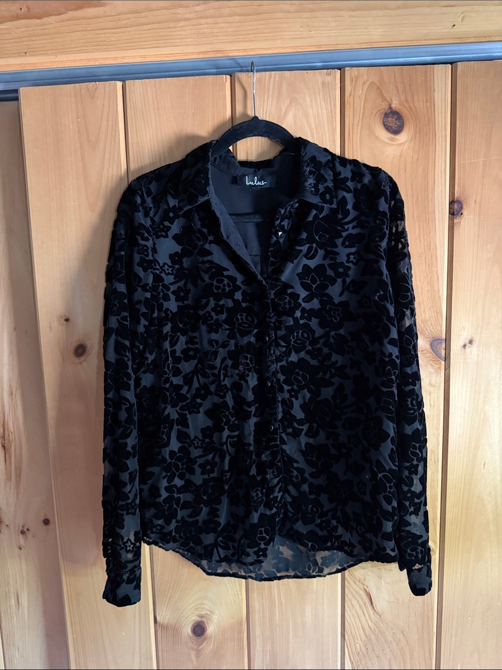 Lulu's Black Floral Burnout Button-Front Blouse